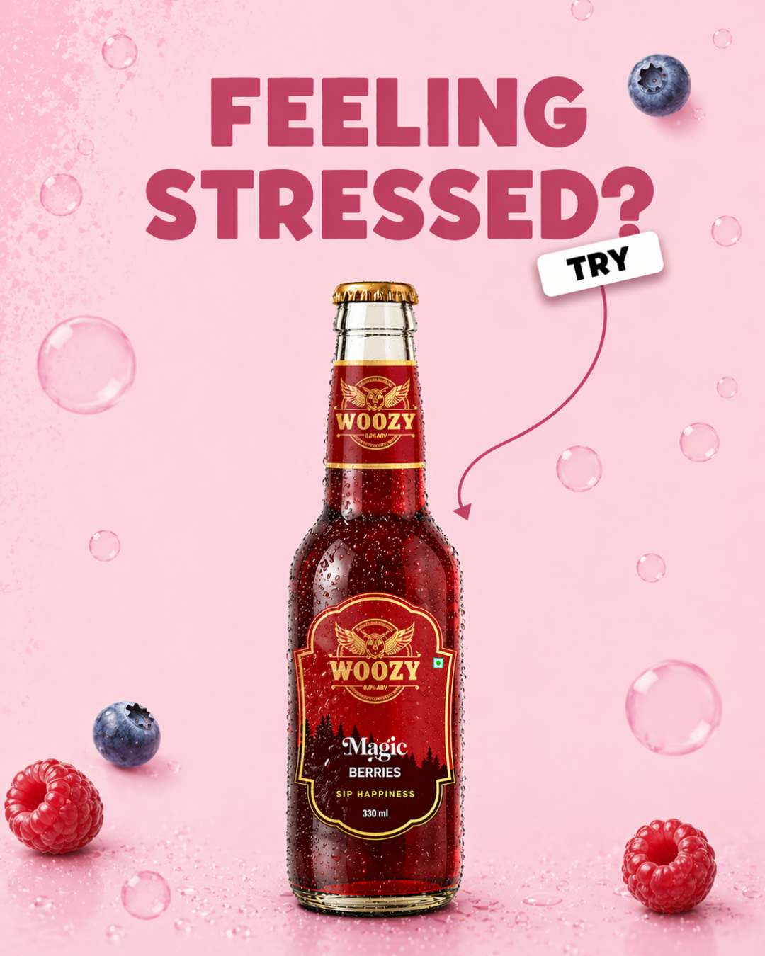 Woozy Magic Berries, 0%Alcohol, Real Beer Taste & Buzz Feeling, 3 Pack Glass Bottle