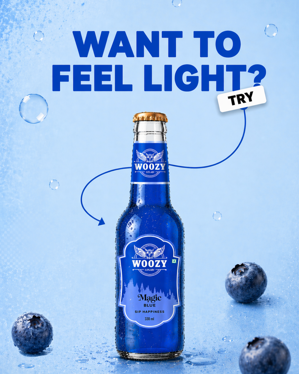 Woozy Magic Blue, 0%Alcohol, Real Blueberry Taste & Buzz Feeling, 3 Pack Glass Bottle