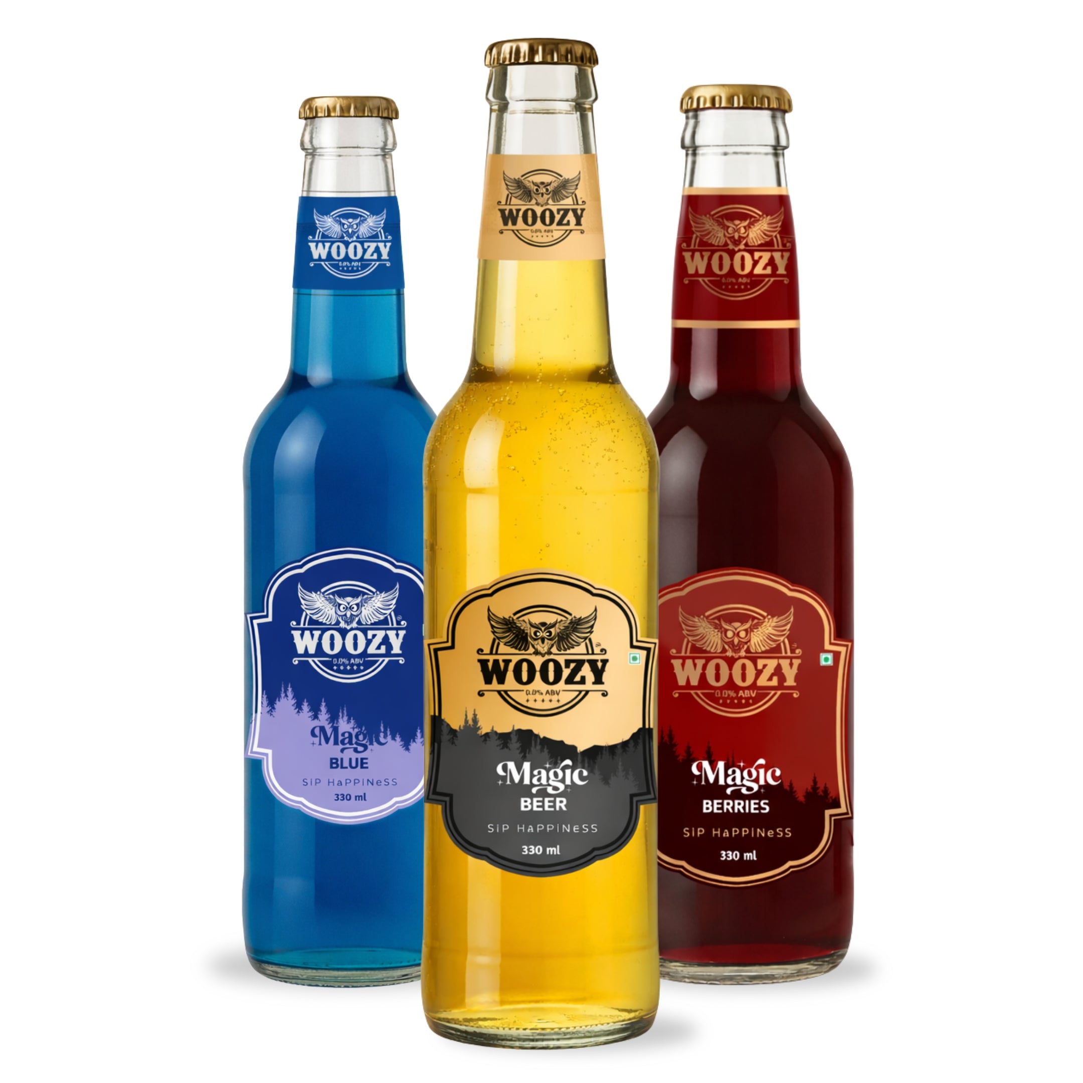 Woozy Variety Pack | Functional Beverage Sampler | 0% Alcohol | Magic Beer, Blue & Berries | Pack of 3