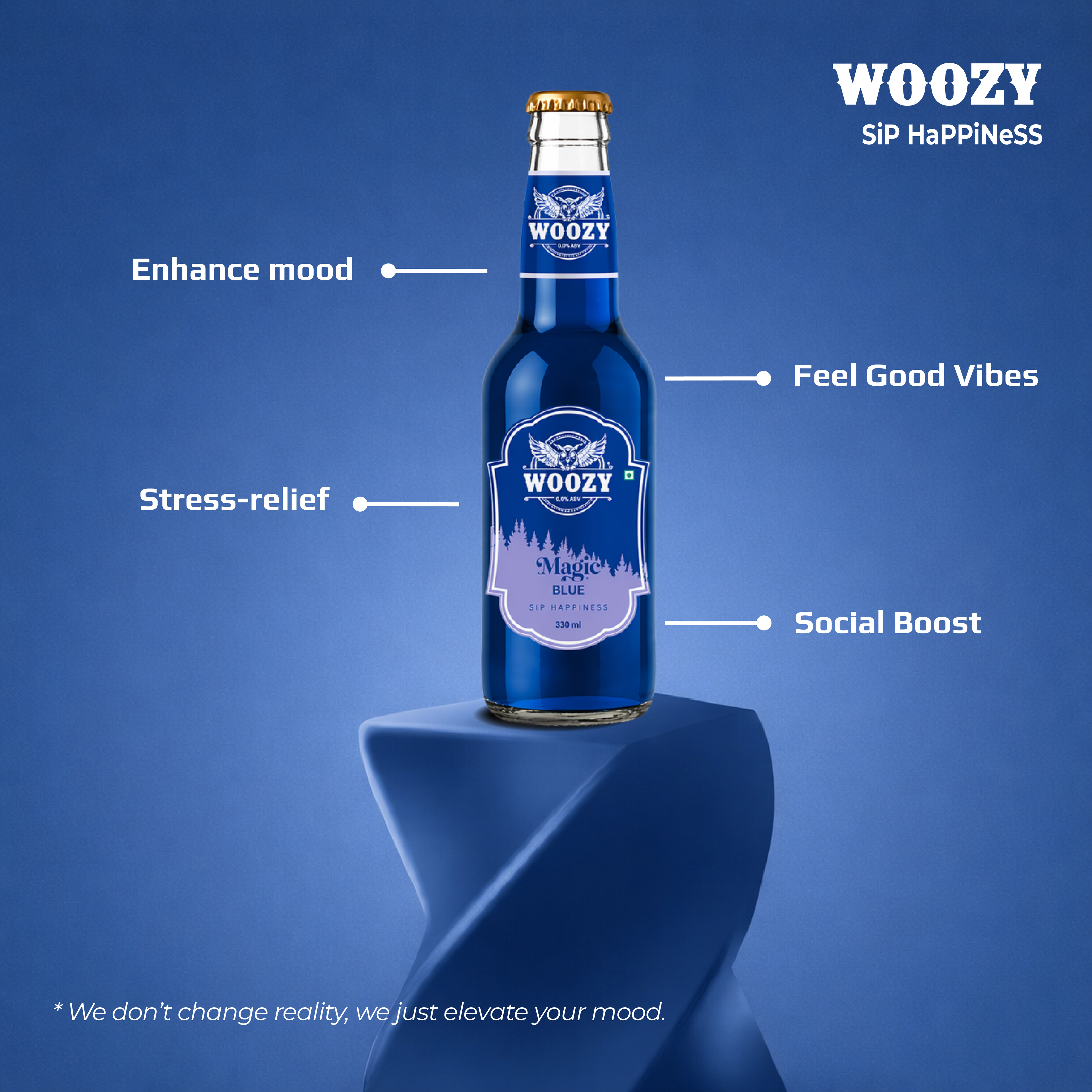 Woozy Magic Blue, 0%Alcohol, Real Blueberry Taste & Buzz Feeling, 3 Pack Glass Bottle